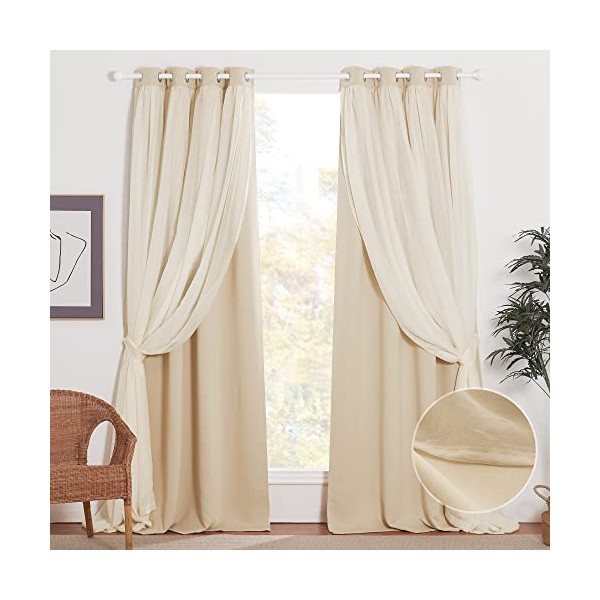 NICETOWN Nursery Crushed Voile Sheer x Solid Blackout Curtain Panel Set Room Darkening with Tie-Backs for Kids Room, Girls Princess Style Drapes (2 Pieces, W52 x L84 inch, Biscotti Beige)