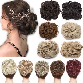 Ombre Messy Curly Dish Hair Bun Extension Easy Stretch Hair Combs Clip in Ponytail Hair Piece Updo Scrunchie Chignon Tray Ponytail Hairpieces for Women Chestnut brown & meaium bleach blonde