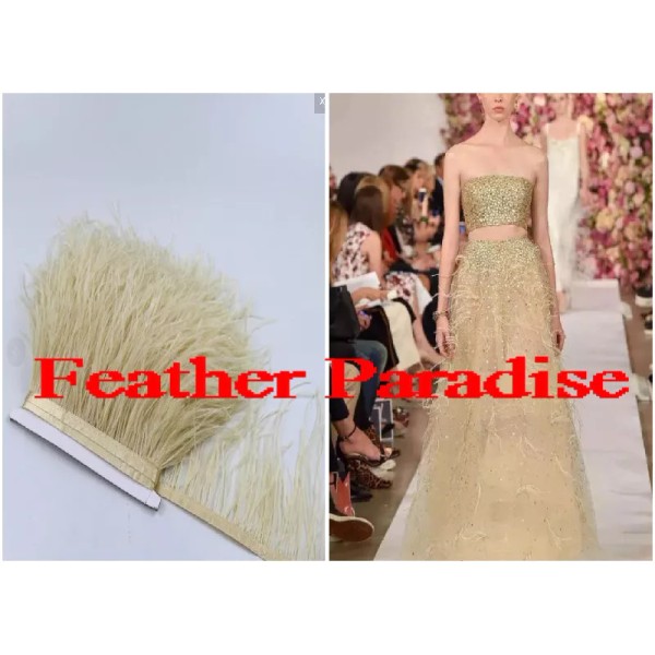 FeatherParadise Beige Ostrich Feather Trims Fringes Tapes Sewn on Feather