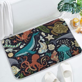 Ocean Whale Bath Mat, Black Sea Creature Fish Shark Turtle Octopus Non Slip Absorbent Floor Rugs Quick Dry Soft Velvet Rugs Carpets, for Bathtub Bathroom Bedroom Kitchen, 17x29 Inch