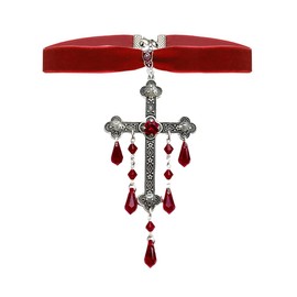 Niaspi Gothic Engraved Cross Velvet Choker Necklace for Women Unisex Vintage Punk Ruby Red Luxury Teardrop Glass Tassel Dangle Drop Necklaces Adjustable Exaggerated Lace Cross Statement Jewelry