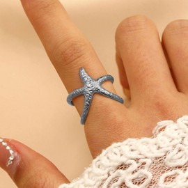 TACBSP Starfish Statement Ring for Women Chunky Gold Silver Starfish Rings Trendty Open Adjustable Hollow Minimalist Rings Summer Beach Jewelry Gift for Women (SilverS)