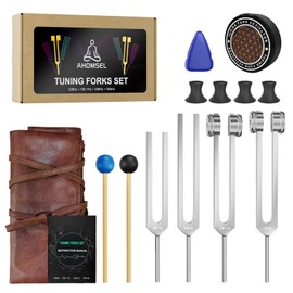 Tuning Forks for Healing Set - 128Hz, 136.1Hz, 256Hz, 384Hz, Weighted & Unweighted, Tuning Fork with Hockey Puck Activator & feet, Sound Therapy Chakra Balance for Yoga & Meditation in Leather Pouch