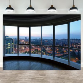 ASDCXZ 10x8ft Office Backdrop Window City View Photography Background Sunset Business Buildings Wooden Floor Online Meeting Urban Banner Decorations Video Conference Portrait Photo Booth Prop