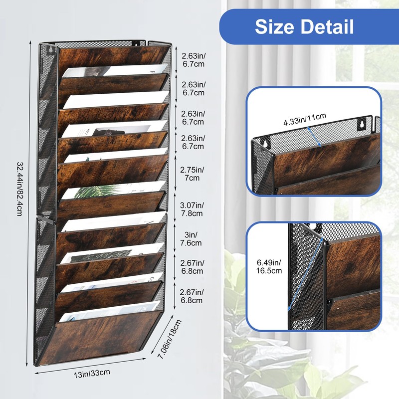 Solinxe 10-Pocket Wall File Organizer, Wood Mail Organizer Wall Mounted