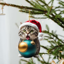 Cat Christmas Decorations Christmas Decoration Funny 2D Acrylic Christmas Tree Decoration Cat Funny Christmas Pendant Gift (H, One Size)