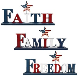 Wood Patroitic Sign with Star Decorative America Letter Blocks USA Tabletop Decor Free-standing Word Signs Americana Centerpiece for Shelf Fireplace Mantel Farmhouse Kitchen Living Room (Faith+Family+Freedom)