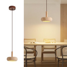 Wabi Sabi Pendant Light Natural Stone Shade Nordic Wood Chandelier,Yellow Travertine Cave Lamp, Japanese Style Lights 15W,Natural Stone Lights for Dining Room Bedside Kitchen Island Hallway