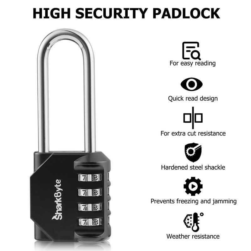 SharkByte Combination Long Padlock [2.6" Long Shackle] 4 Dial Heavy