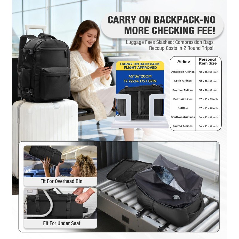 Vacuum Backpack Travel with Pump Personal Item Carry on Flight