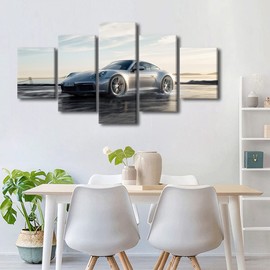 TUMOVO Multi-Panels Luxury Car Wall Art Decor Painting on Canvas Silver Speedy Car Pictures for Home Walls for Boys Room Decor Office Wall Art Framed Modern Artwork for Living Room Bedroom 60" Wx32 H