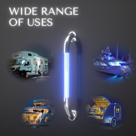 Blue LED RV Door Handle, 18” Camper RV Door Handle Grab Bar, Mirror Polished Handrail Replacement for Marine Boat Yacht Motorhome Travel Trailer