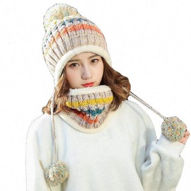Aisaving Women Knitted Hat Scarf Set Girls Women Gift Winter Warm Thicken Crochet Bobble Pom Pom Beanie Hat Cap Outdoor Ski Snowboard Cycle Bobble Hemming Hats with Fleece Lining(Beige)