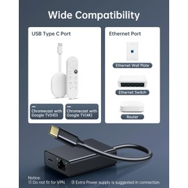 ELECTOP Ethernet Adapter for Chromecast with Google TV, USB Type C to RJ45 Ethernet Network Adapter Compatible with Chromecast HD/4K and More Streaming TV Sticks(Adhesive Tape Included)
