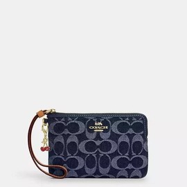 Coach NWT Limited Coach CZ452 Signature Denim Corner Zip Wristlet with Cherry Charm