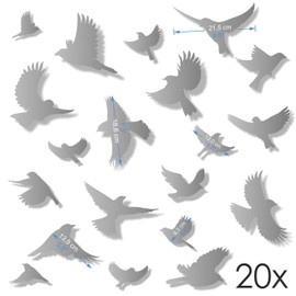 Anti-Collision Stickers to Prevent Bird Strikes on Window Glass - Set of 20 Silhouettes - Color: Silver - Window Clings Decals - Birds Prevention Deflectors Reflectors