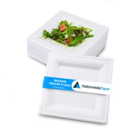 NationwidePaper 8 Inch Biodegradable Square Paper Plates, Bagasse White Disposable Plates, Strong Party Plates (50 Pcs)