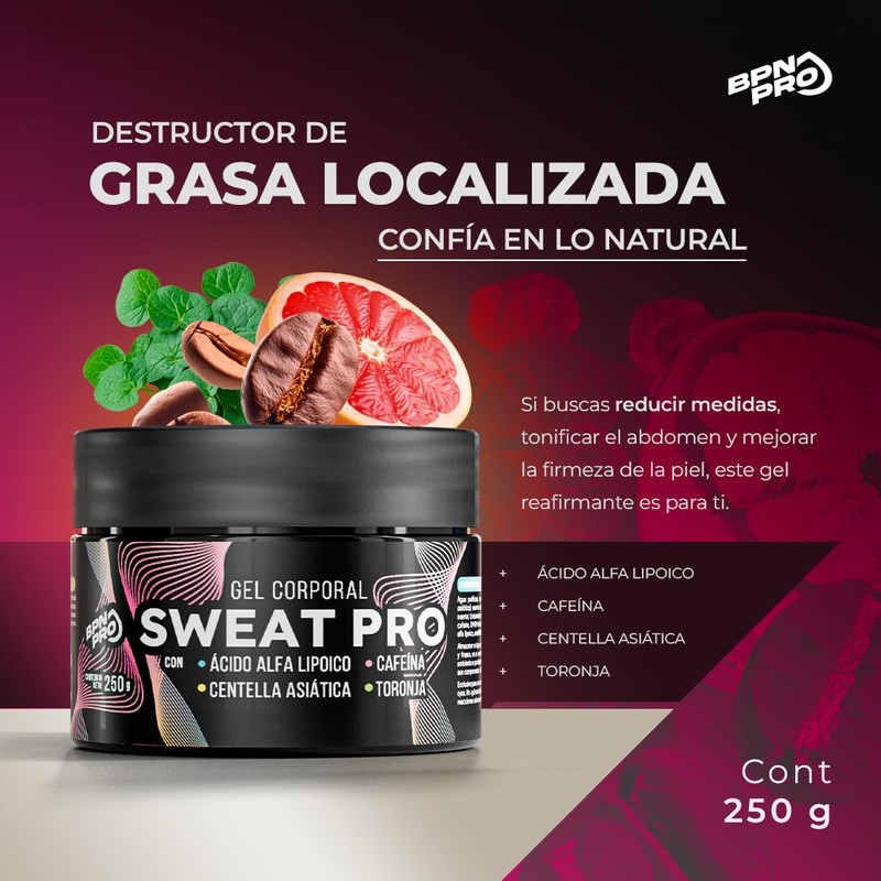 Sweat Pro: Gel Reductivo para Abdomen 250 g con Toronja