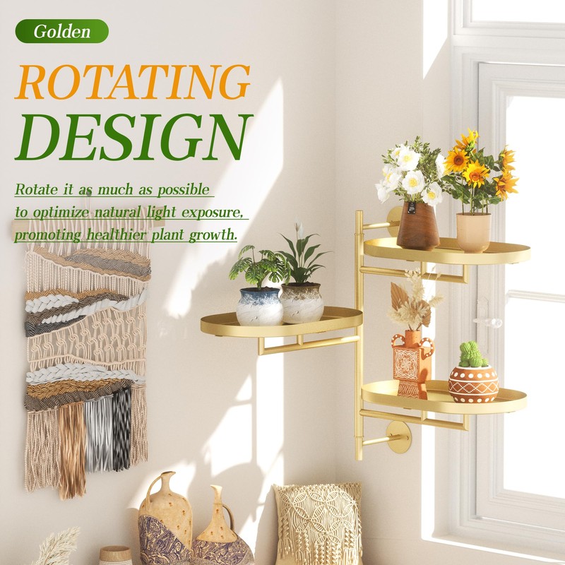 YQSLYSF WIndow Rotating Plant Stand Shelf Indoor Gold Metal Floating