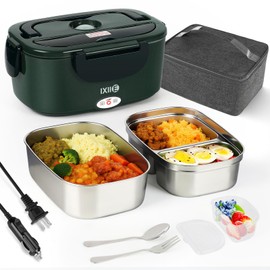 IXIIE Electric Lunch Box 80W Food Warmer for Work, 12V/24V/110V Portable Lunch Warmer for Adults with 2-Pack Stainless Steel Containers, Heated Lunch Box for Car/Truck/Office/Outdoors