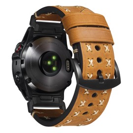 BINLUN Compatible with Garmin Watch Straps 22 mm/26 mm Genuine Leather Watch Strap Crazy-Horse X-shaped Route Bracelets Suitable for Fenix/Forerunner/Enduro/Descent (Light Brown, 22 mm)
