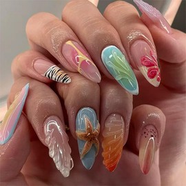 24Pcs Summer Press on Nails Medium Almond Fake Nails Gradient False Nails with 3D Flower Starfish Design Full Cover Artificial Stick on Nails Acrylic Nails Press ons Ocean Beach Nails for Women