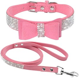 haoyueer Cute Dazzling Sparkling Elegant Fancy Soft Suede Leather Bling Rhinestone Crystal Jeweled Pet Cat Dog Puppy Collar Dog Leash Combo Set (M, Pink-1)