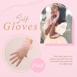 YAEISM Short Pink Gloves Sheer Silk Tulle Wedding Gloves Elegant Cute Ruffled Edge Opera Evening Tea Party Gloves for Women Formal