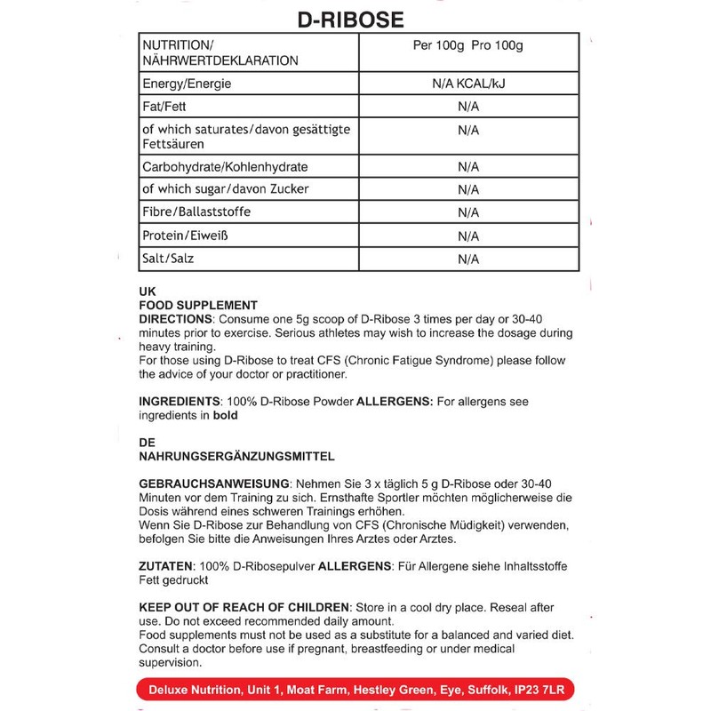 Deluxe Nutrition D-ribose Powder 250g for Chronic Fatigue Fibromyalgia |