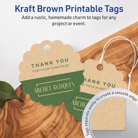 Avery Printable Round Scalloped Tags with Sure Feed Technology, 2-1/2" Diameter, Kraft Brown Cardstock, Print-to-The-Edge, Laser/Inkjet, 225 Total, Great for Custom Gift Tags and Branding Tags