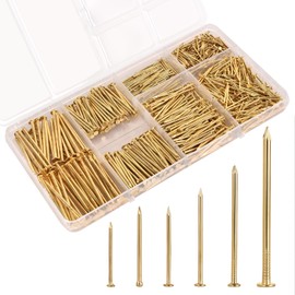 700 Pcs Picture Hanging Nails Assortment Kit - 6 Sizes Wall Hanging Set for Frame Art Photo,Brass Small Framing Nails,Gold Finishing Nails