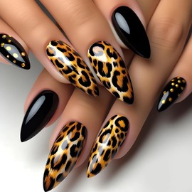 Leopard Press on Nails Almond Medium Fake Nails Gold Black Glue on Nails Full Cover Acrylic False Nail Tips Glossy Artificial Nails Medium Almond Stick on Nails for Women Manicure Decorations