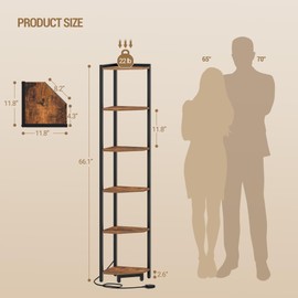 Hzuaneri Corner Shelf with LED Light, 6-Tier Corner Bookshelf, Tall Narrow Display Bookcase with Metal Frame, Standing Shelf for Small Space, Living Room, Home Office, Bedroom, Rustic Brown CS66601B