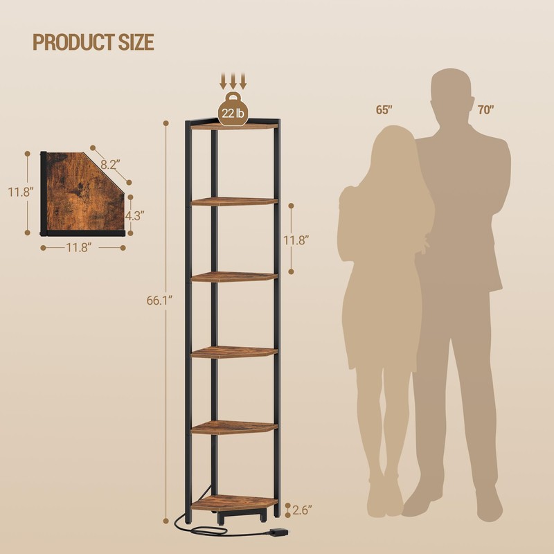 Hzuaneri Corner Shelf with LED Light, 6-Tier Corner Bookshelf, Tall