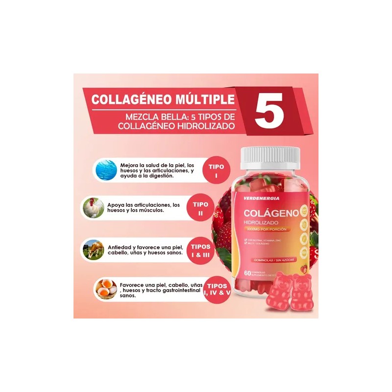 Gomitas Colágeno Hidrolizado Puro Hydrolyzed Collagen Gummies Types I, II,