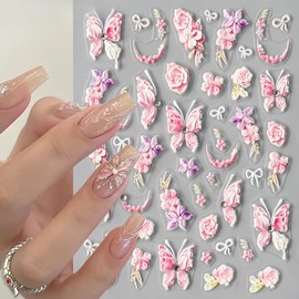 1Pcs Butterfly Nail Art Stickers Decals Pink Butterfly 5D Embossed Nail Decals Diamond Butterfly Nail Sticker for Nail Art Spring Flower Butterfly Nail Supplies Accessories for Women Nail Design Decor