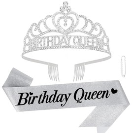 CURASA Silver Birthday Queen Sash and Crown for Girls Adult Woman Crystal Birthday Tiaras for Girls Princess Crowns Decoration for Party Gifts