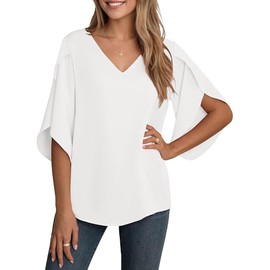 YGJIEGENG Women's Chiffon Blouse Ladies Tops Elegant Casual Loose 3/4 Ruffled Split Sleeve V Neck Summer Blouse T Shirts,White, Large