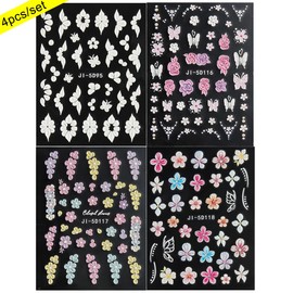 Fcozpjk Flowers Nail Stickers 4 Sheets 5D Embossed Floral Nail Decals, Summer Neon Nail Design, 3D Acrylic Engraved Hibiscus Flowers Rose Butterfly Stickers for Nail Art Pegatinas Uñas
