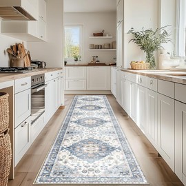 Enkor Runner Rugs for Hallway, 2.6x10.5 Washable Soft Non Slip Floor Rugs for Kitchen, Modern Mat for Living Room Bedroom Entryway Blue & White