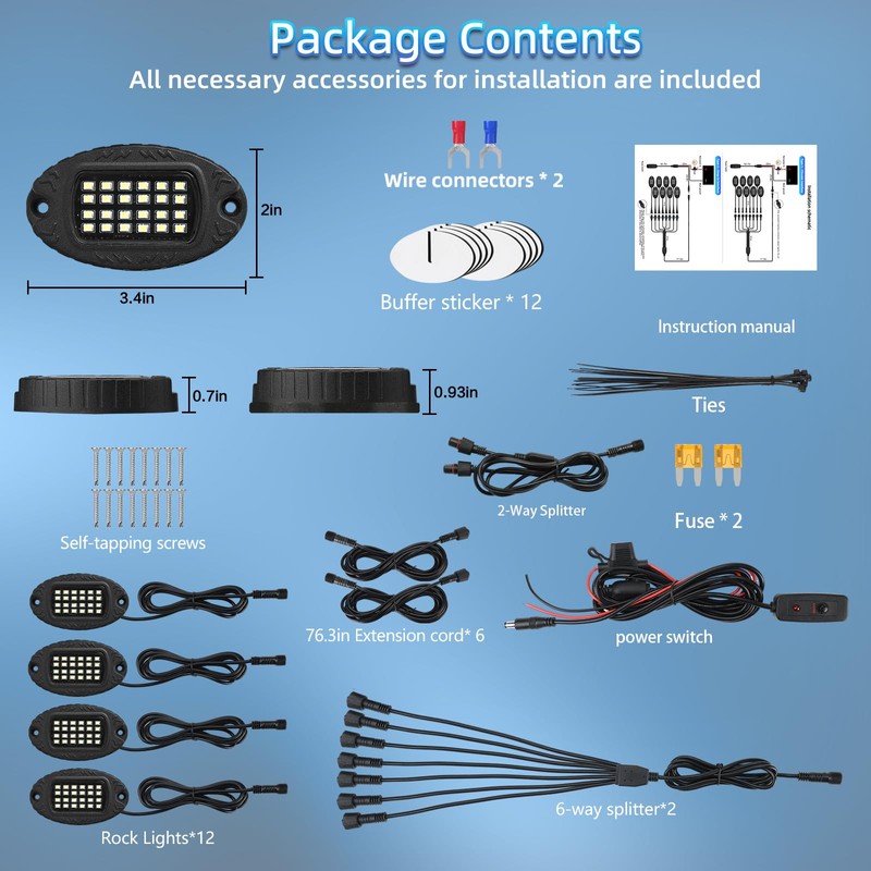 12Pods Pure White LED Rock Lights Kit with Switch Wiring