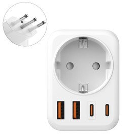 Adapter Italy Socket, 5 in 1 Travel Adapter Italy, Type L Plug Adapter with 1 AC & 2 USB-C & 2 USB-A (3.4A), 3-Pin Travel Plug Italy for Italy, Chile, Uruguay, Ethiopia, Eritrea (White)