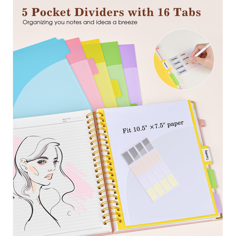 Hardcover Large Spiral Notebook 8.5" x 11" with Removable Dividers