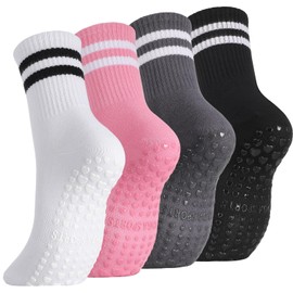 Zuimei 4 Pairs Yoga Grip Socks Women, Womens Long Pilates Socks, Non Slip Pilates Sock for Yoga, Barre, Dance, Ballet, Fitness, Stripe