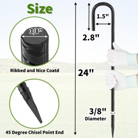 Besitu 24 inches J Hook Rebar Stakes (16-Pack), Extra Long Garden Stakes with Chisel Point End Steel Rebar Ground Stakes for Tent Chain Link Fence and Outdoor Decorations Black Coated