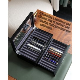 Bonaking Pen Display Case with 24 Pen Slots, Fountain Pen Display Case, Wood Pen Storage Organizer, Pen Display Box for Men Gift, Pen Case with Glass Window(black ash veneer finish, dark gray velvet)