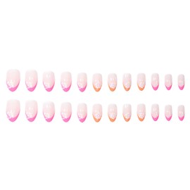 French Tip Press on Nails Short Almond SWEKKE Fake Nails Full Cover Flower False Nails with Designs Pink Yellow Nail Tip Glossy Glue on Nails Acrylic Nails Artificial Nails for Women Girls 24Pcs