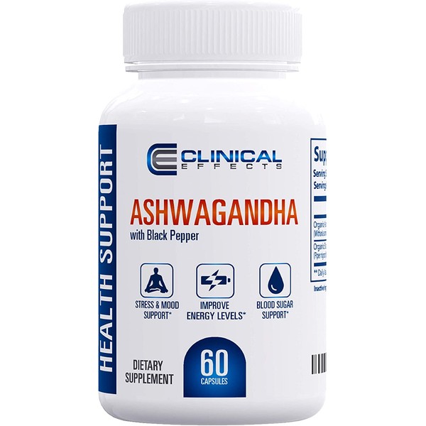 Clinical Effects: Organic Ashwagandha - Natural Stress Relief and Stamina Support - 60 Capsules - with Black Pepper for Enhanced Absorption - No GMO - Suitable for Vegetarians - Made in The USA
