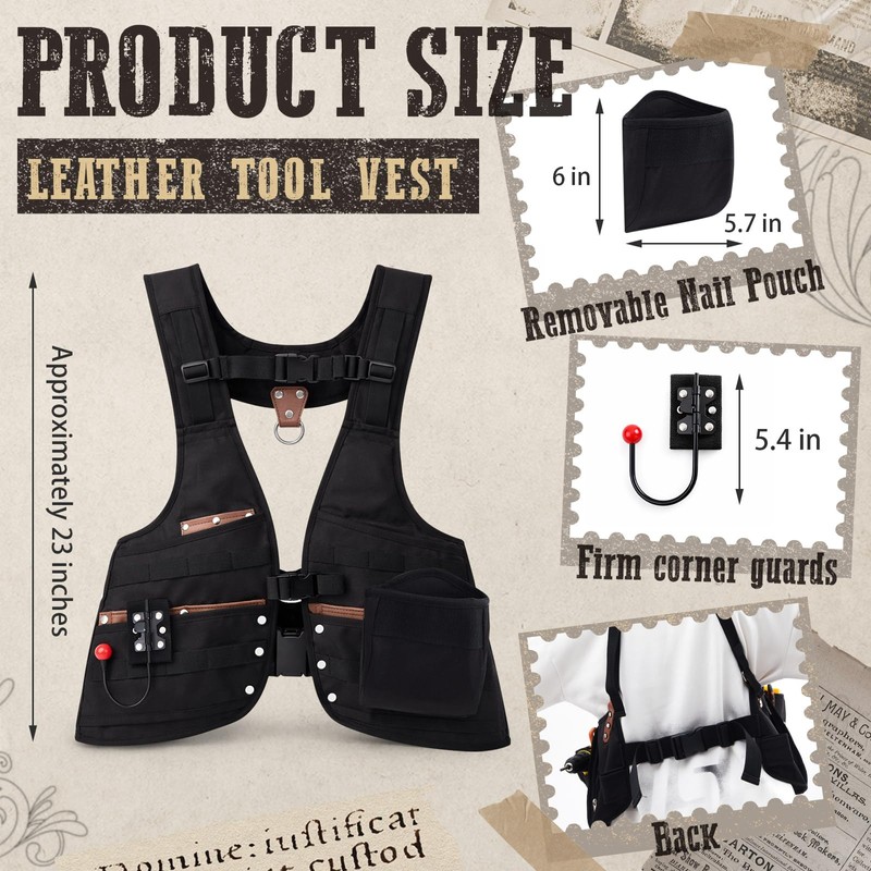 1 Pack Tool Vest with Leather, 33 Pockets with Removable