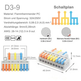 JOYELEC Pack of 6 connection terminals, D3-9 quick connection terminal cable connector, compact plug-in terminals, 3 inputs/9 outputs, cable 0.08-2.5 (4.0) mm², 250V, 32A conductor clamp